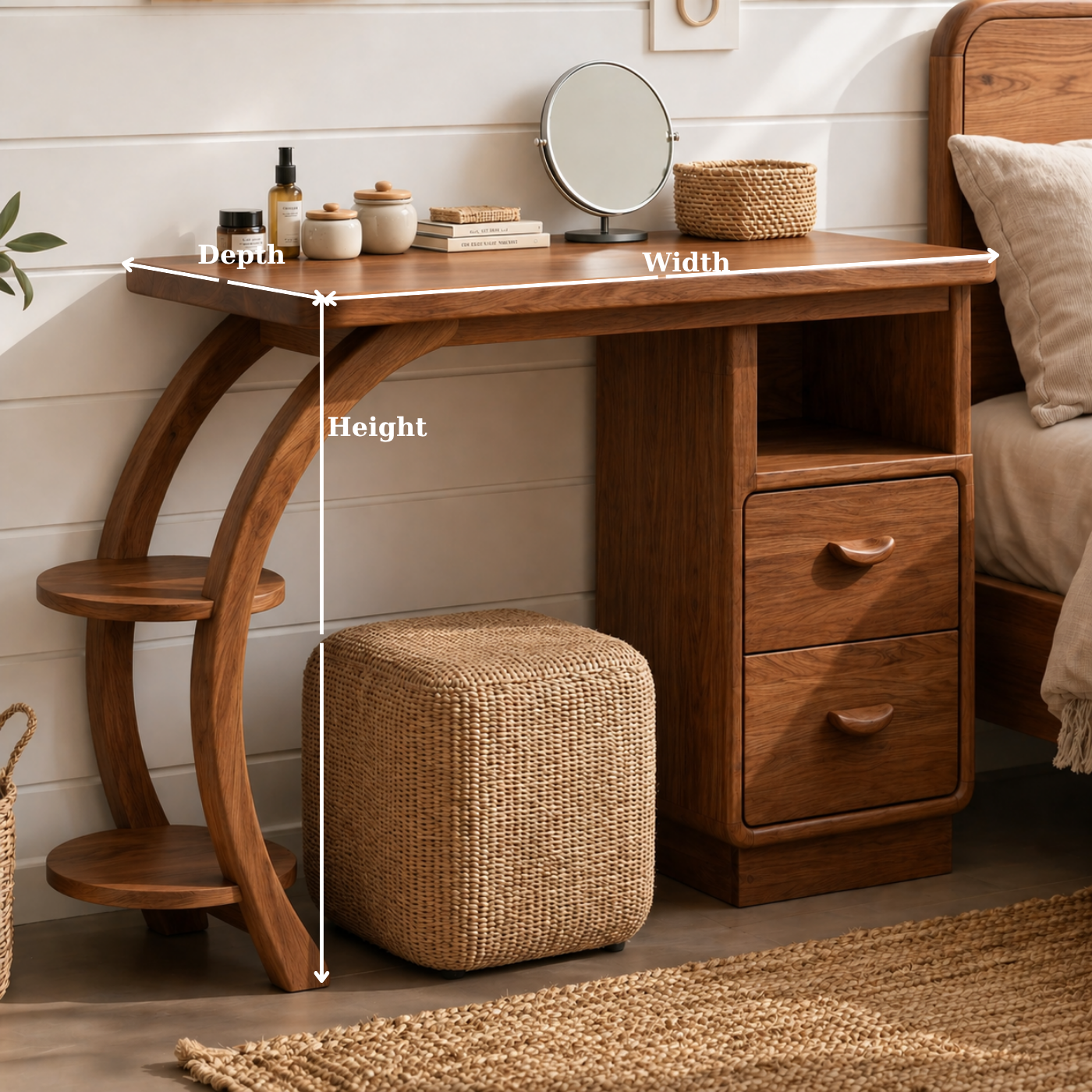 Solid Wood Makeup Vanity Desk with Curved Frame and Drawer Storage