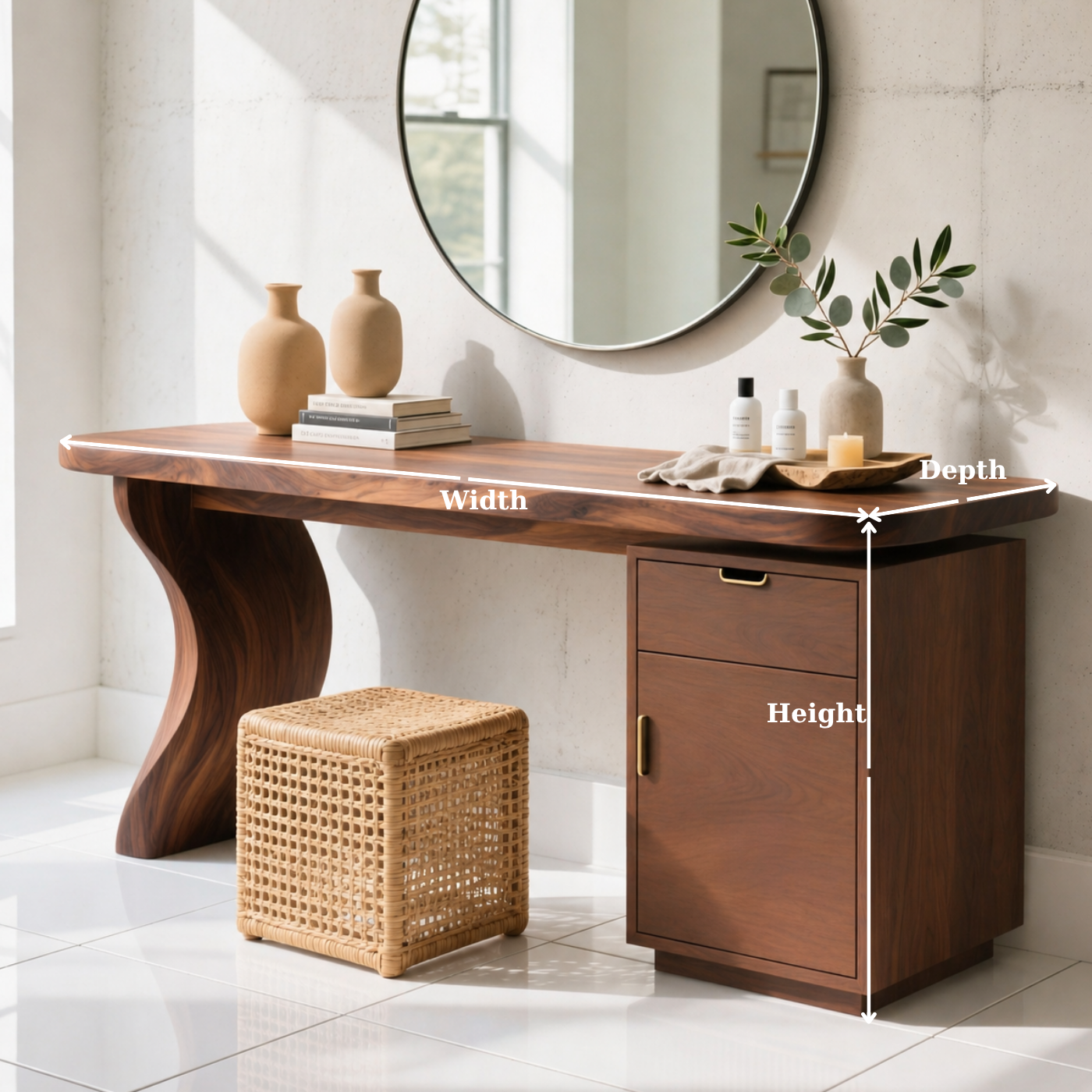 Solid Wood Makeup Vanity with Curved Base and Drawer Cabinet Storage