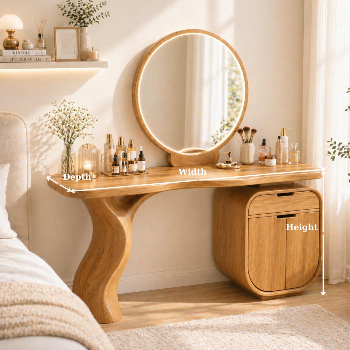 Solid Wood Makeup Vanity with Curved Leg and Storage Cabinet