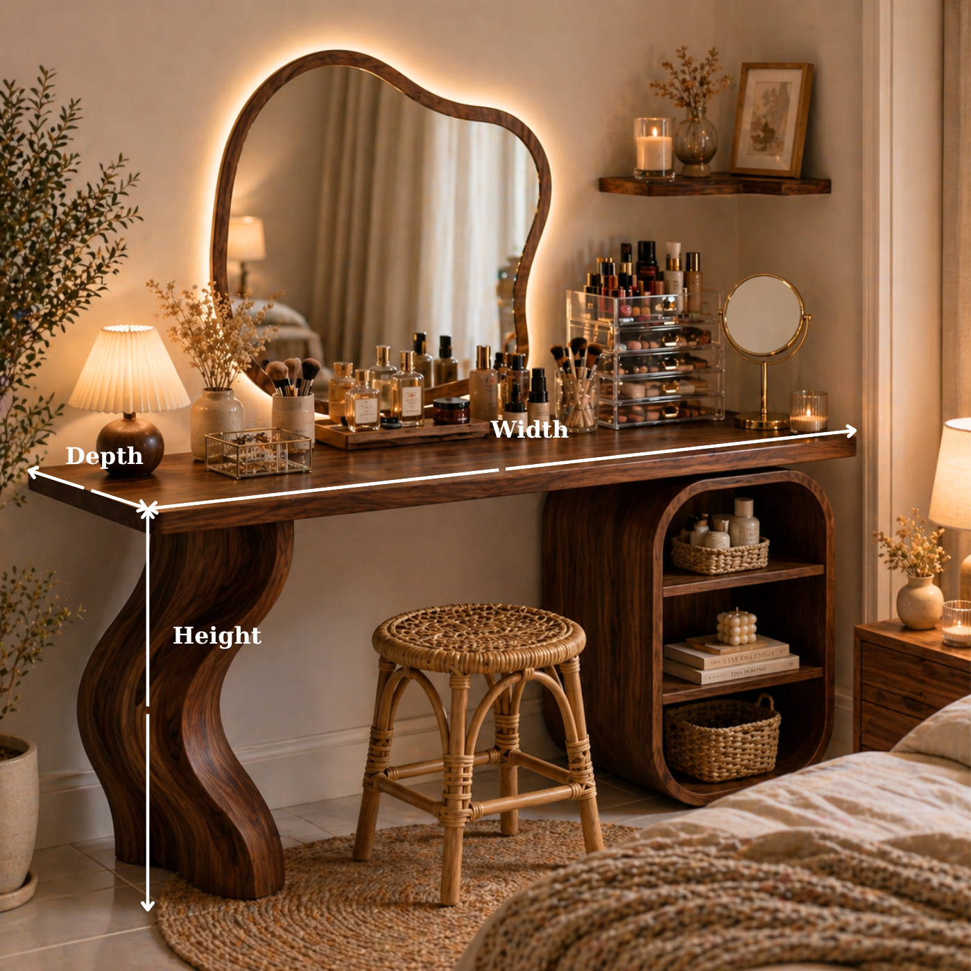 Solid Wood Makeup Vanity with Curved Leg and Open Shelf Storage