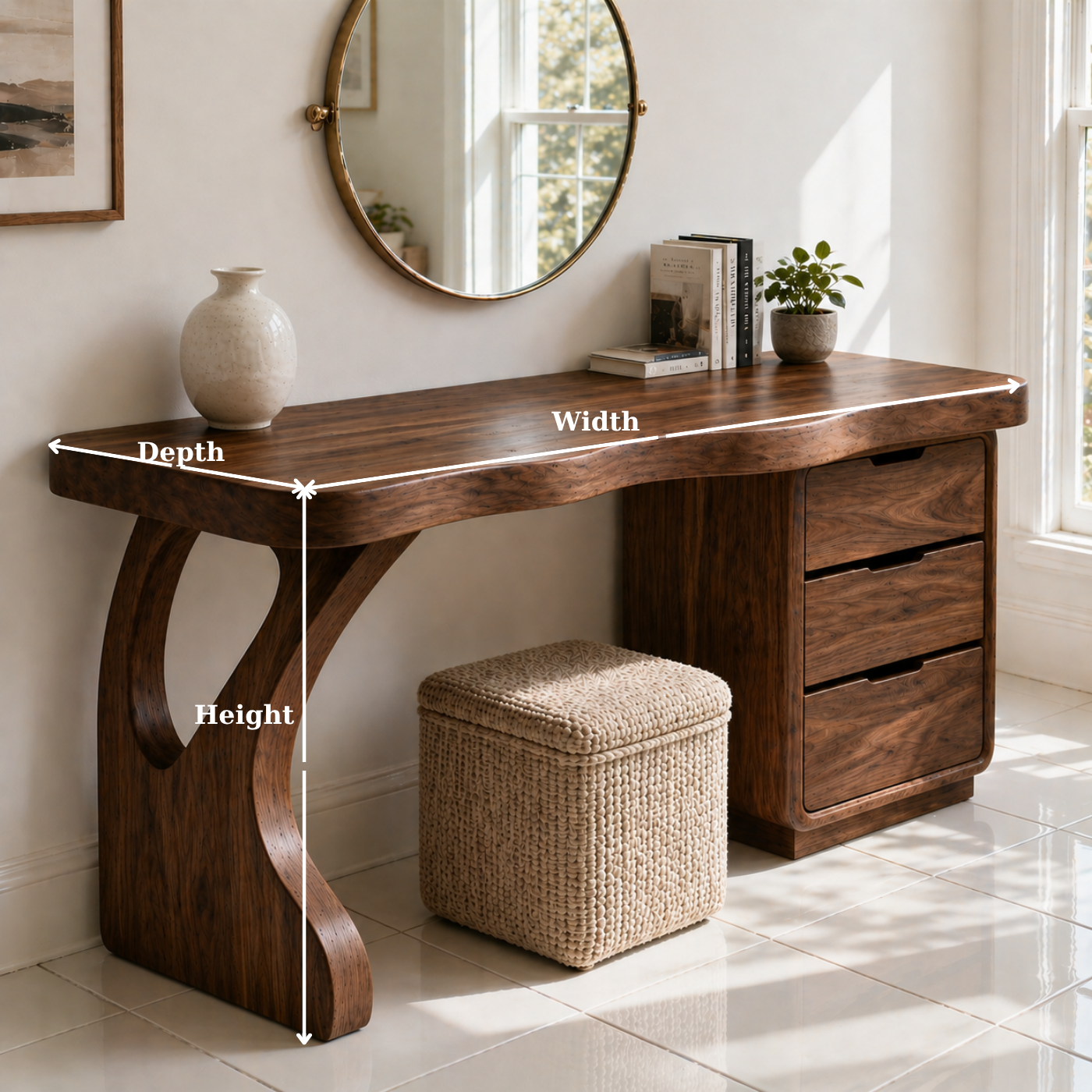 Solid Wood Makeup Vanity with Curved Leg and 3 Drawer Storage