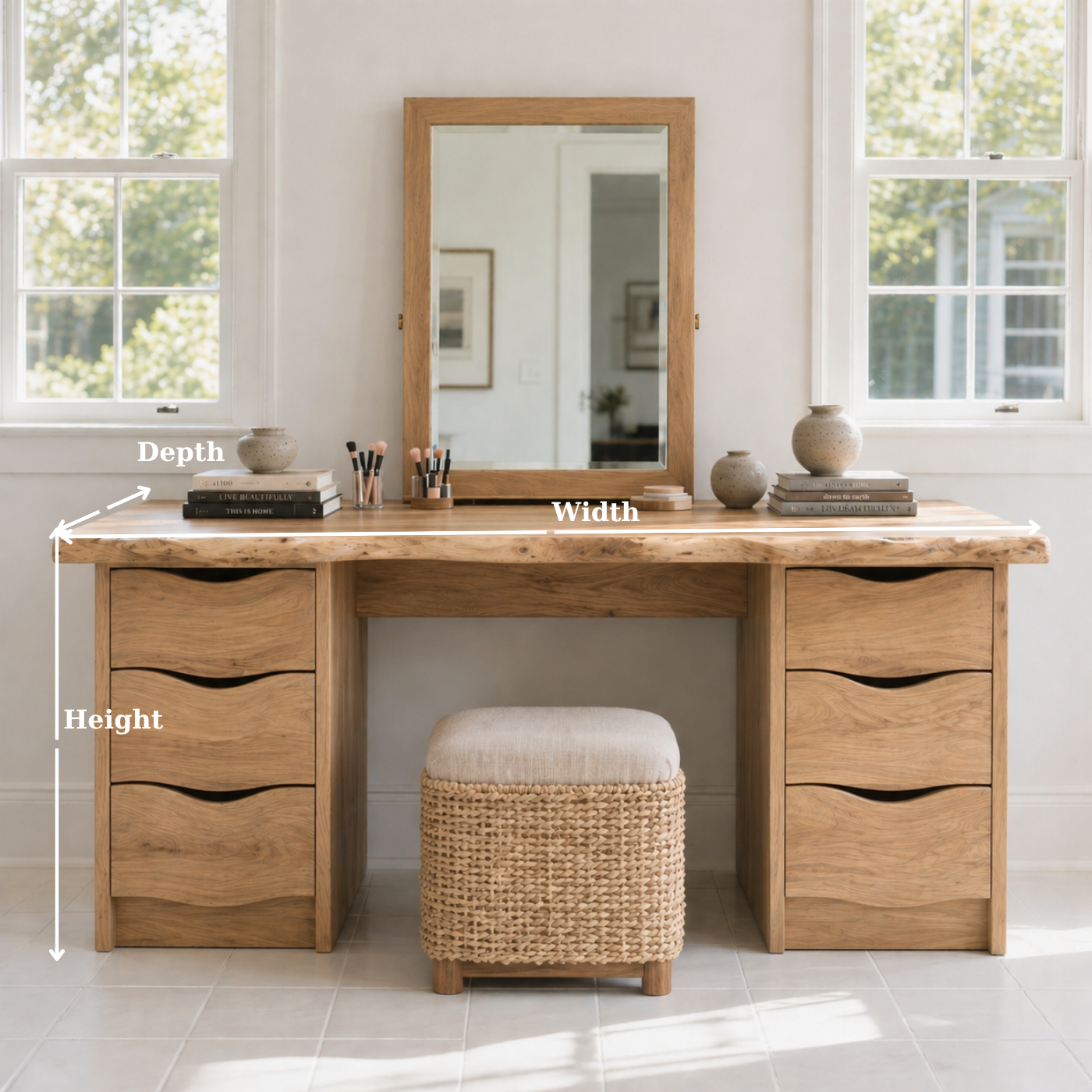 Large Solid Wood Makeup Vanity Desk with Double Drawer Storage and Live Edge Top