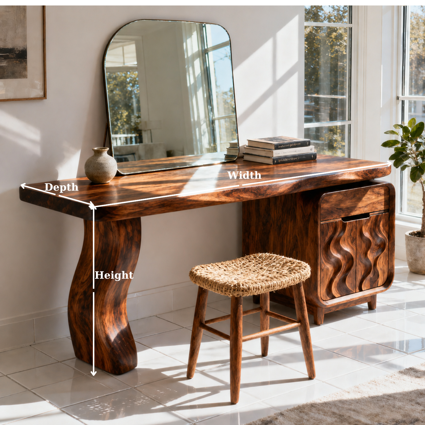Luxury Solid Wood Makeup Vanity Desk with Sculptural Base and Wave Door Cabinet