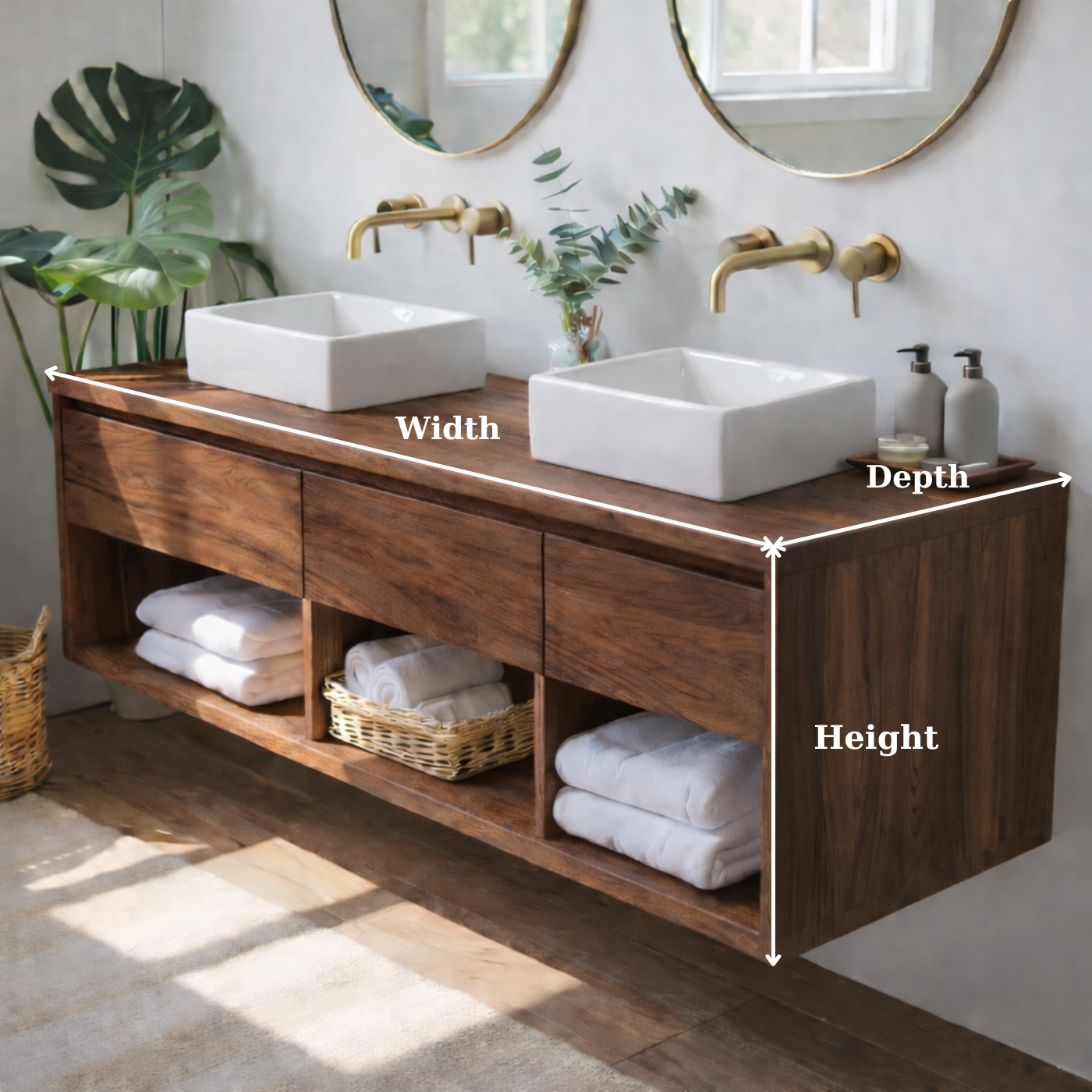 Floating Solid Wood Double Bathroom Vanity Cabinet with Open Cubby Shelves – Modern Organic Wall Mounted Design