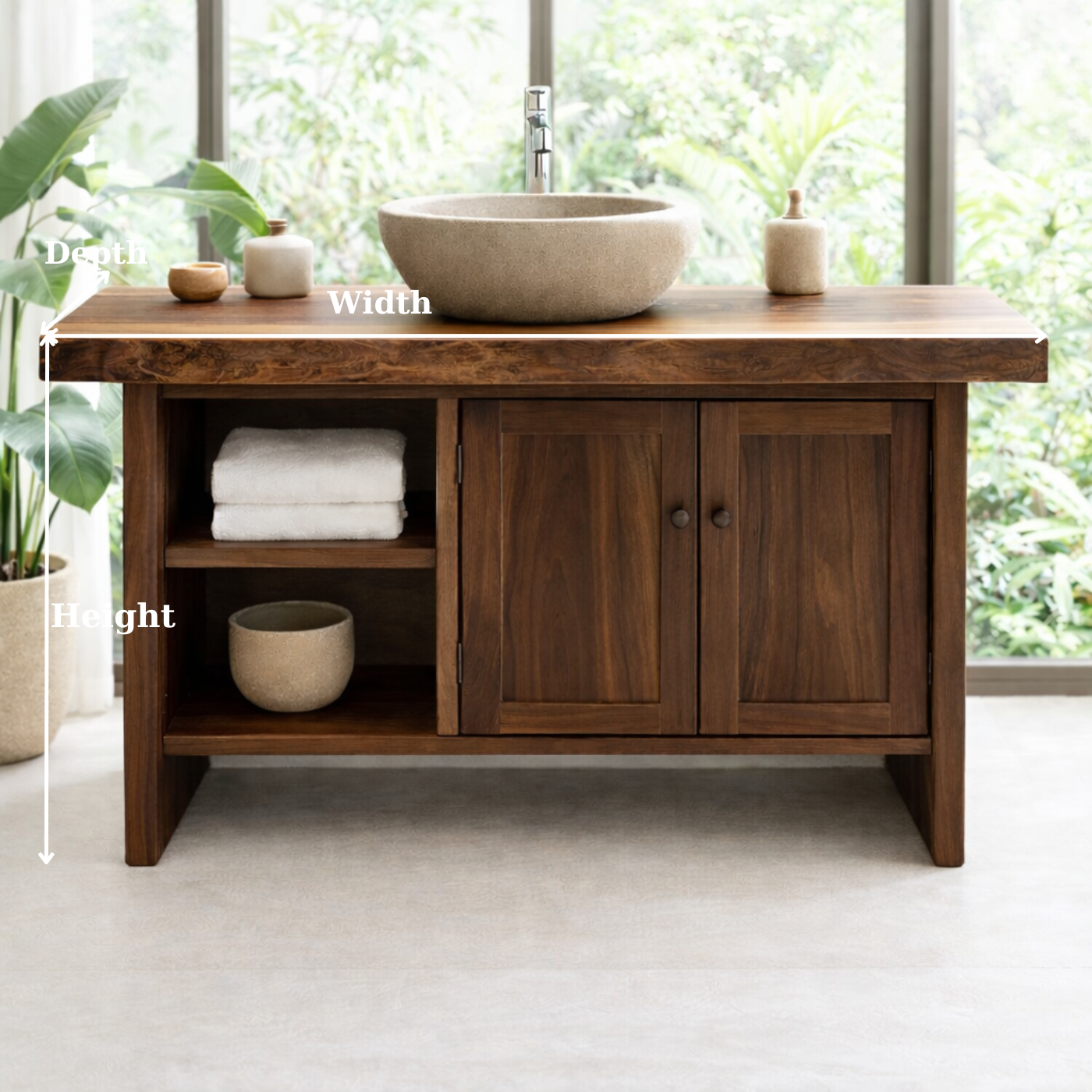 Solid Wood Bathroom Vanity Cabinet with Double Doors and Open Shelf – Rustic Modern Freestanding Vanity Base