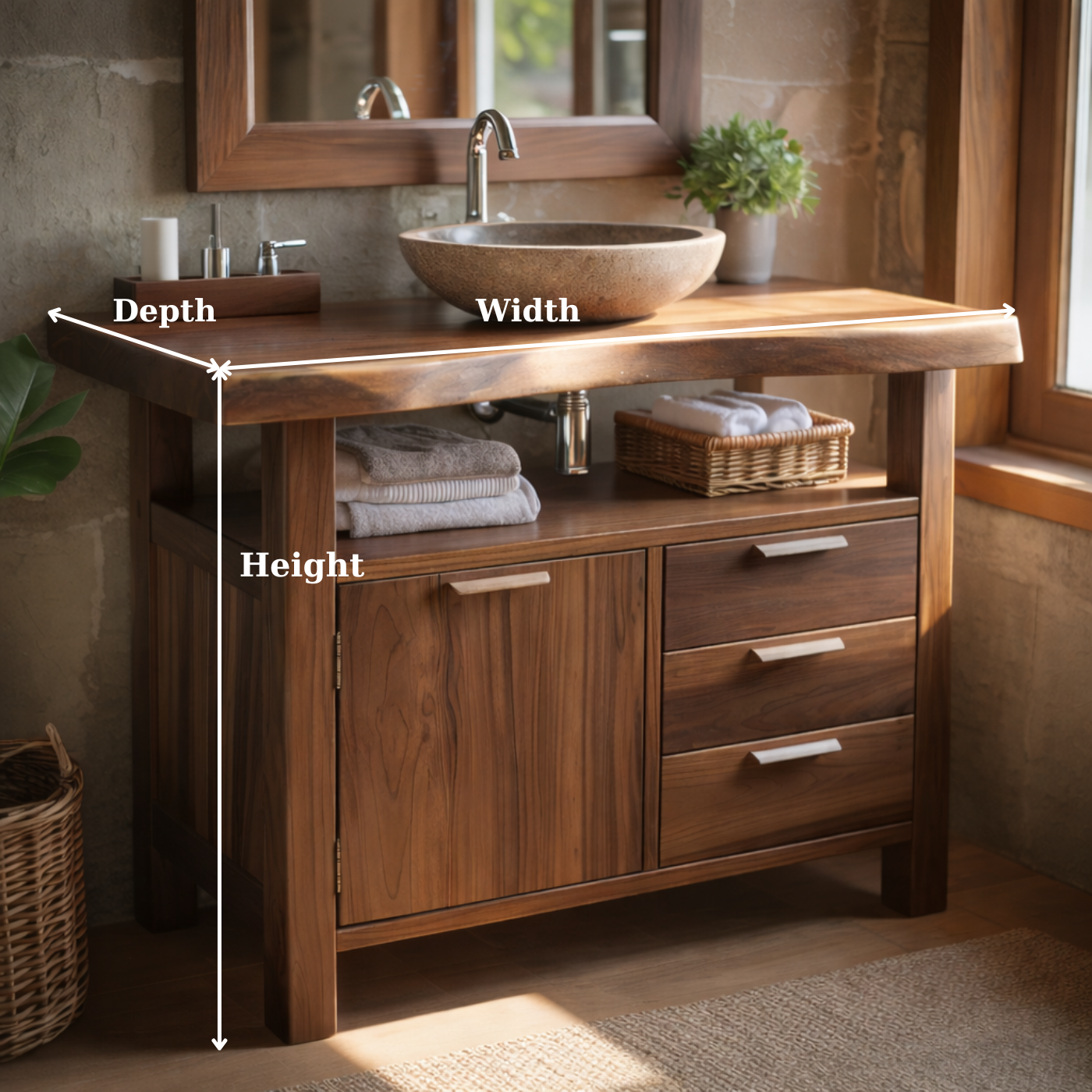 Solid Wood Bathroom Vanity with Cabinet Door, Three Drawers and Open Shelf for Rustic Modern Bathrooms