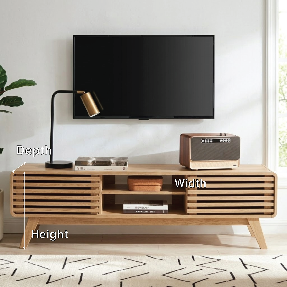 Mid Century Modern TV Stand, Slatted Cabinet Media Console with Storage for Living Room