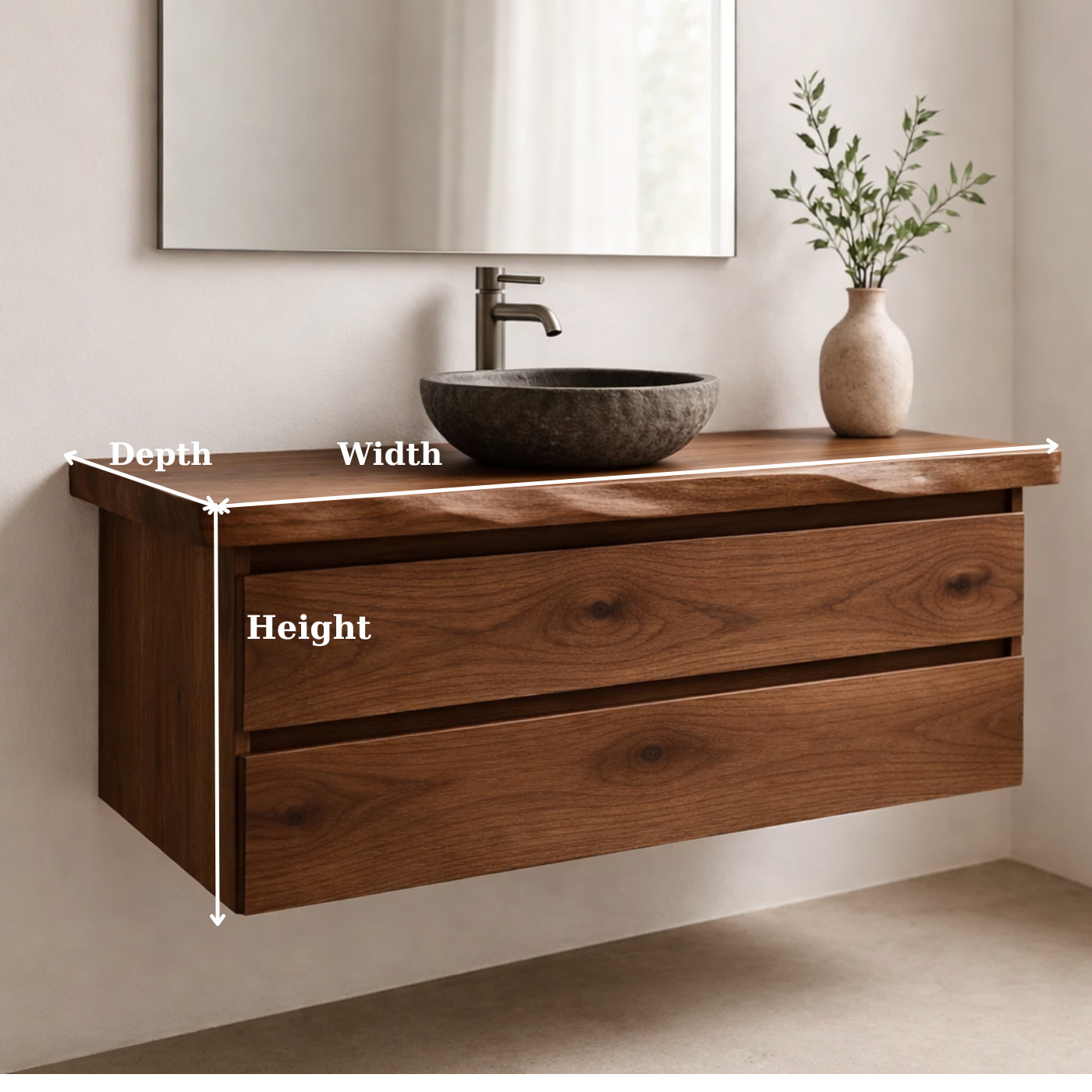 Floating Solid Wood Bathroom Vanity with Double Drawers – Modern Minimalist Wall Mounted Cabinet