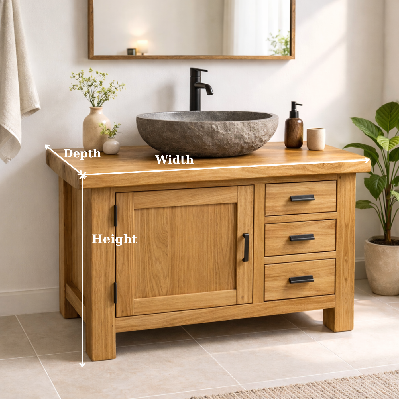 Natural Solid Wood Bathroom Vanity with Single Door and Three Drawers