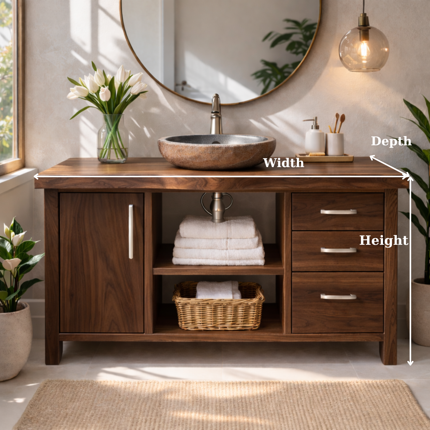 Modern Solid Wood Bathroom Vanity with Side Cabinet, Three Drawers and Open Display Shelving
