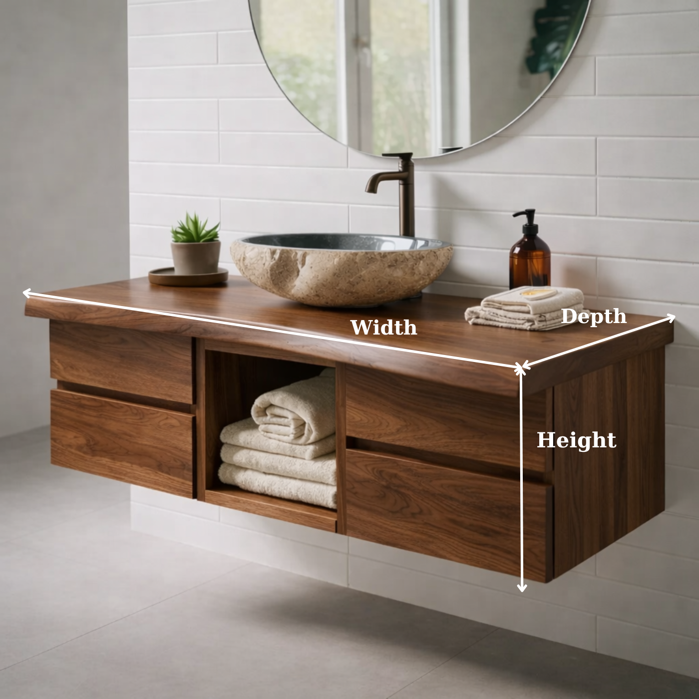 Floating Solid Wood Bathroom Vanity with Drawers and Open Shelf – Modern Minimalist Wall Mounted Cabinet