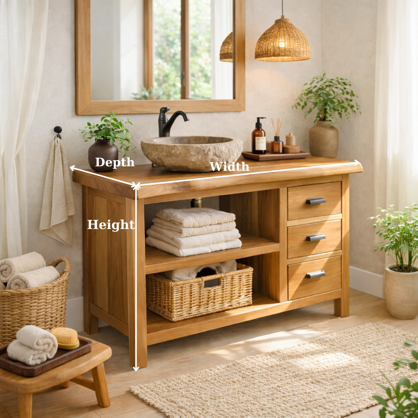 Solid Wood Bathroom Vanity with Three Drawers and Double Open Shelves for Modern Rustic Bathrooms