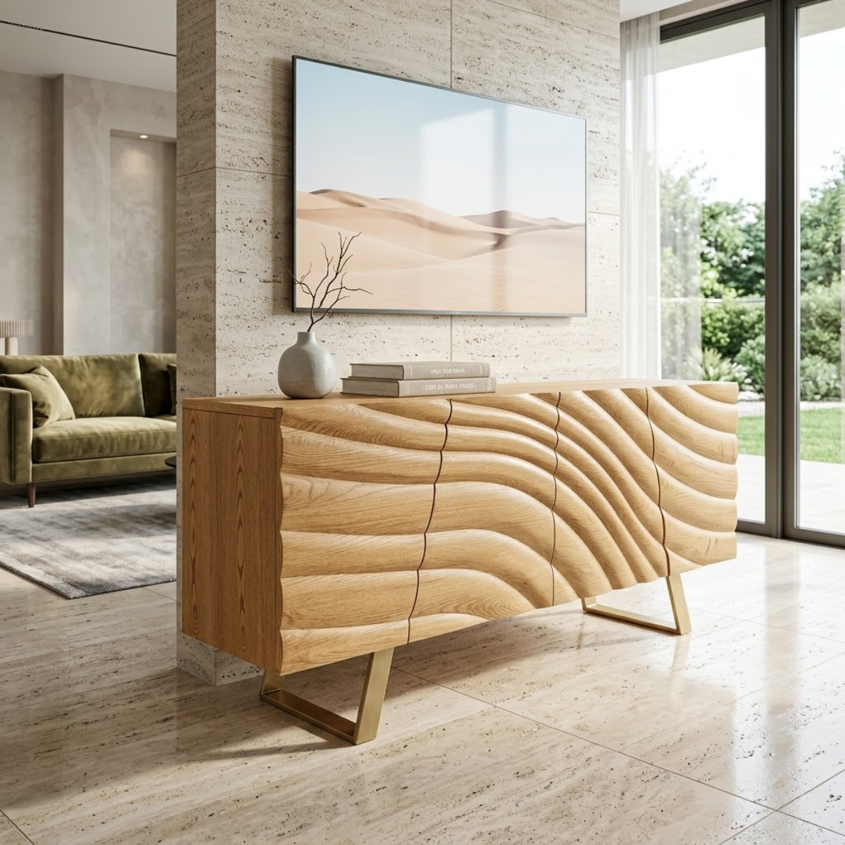 Solid Wood TV Stand with Sculpted Doors, Modern Media Console for Living Room