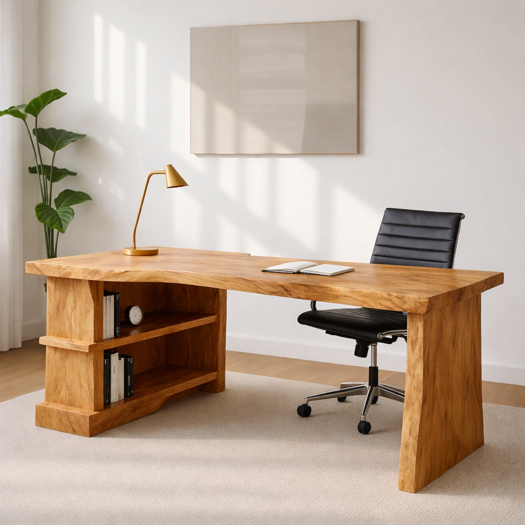 Modern L-Shaped Walnut Desk with Open Shelf – Sculptural Corner Workspace