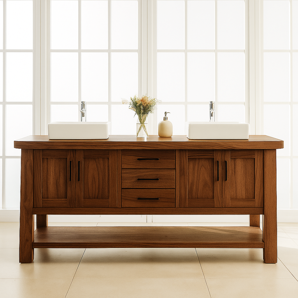 Solid Wood Double Bathroom Vanity with Drawers, Cabinets & Open Shelf