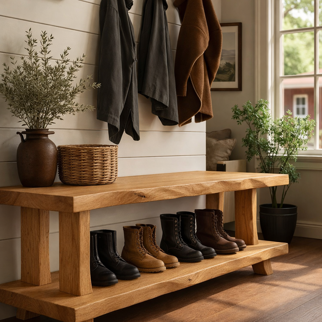 Solid Wood Entryway Bench with Shoe Storage Shelf Rustic Farmhouse Hallway Bench
