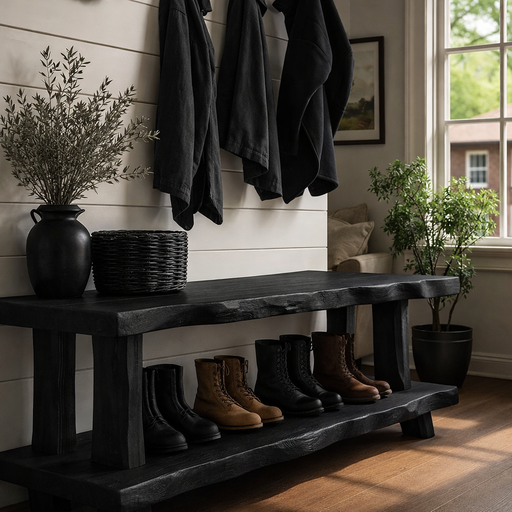 Solid Wood Entryway Bench with Shoe Storage Shelf Rustic Farmhouse Hallway Bench