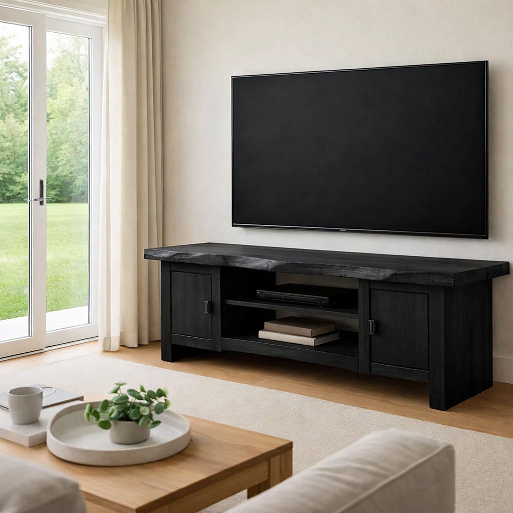 Solid Wood TV Stand with Storage Cabinets Rustic Live Edge Entertainment Center