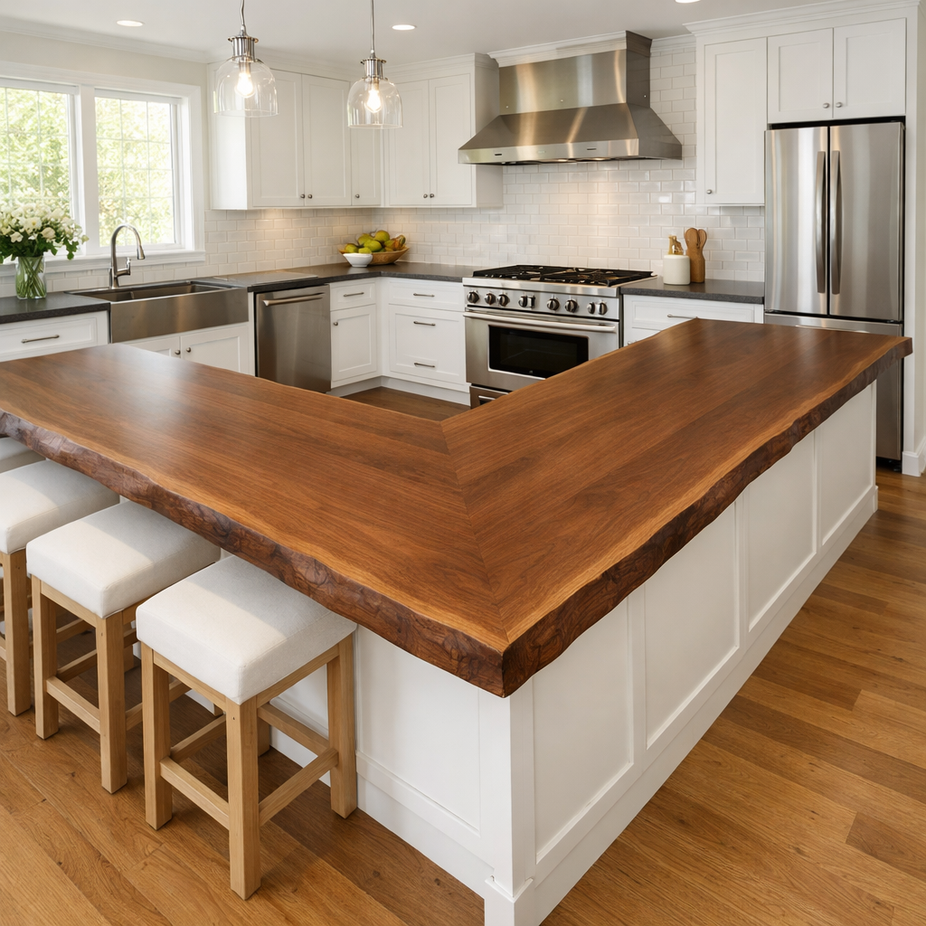 Solid Wood Live Edge Kitchen Countertop – L-Shaped Island Bar Top