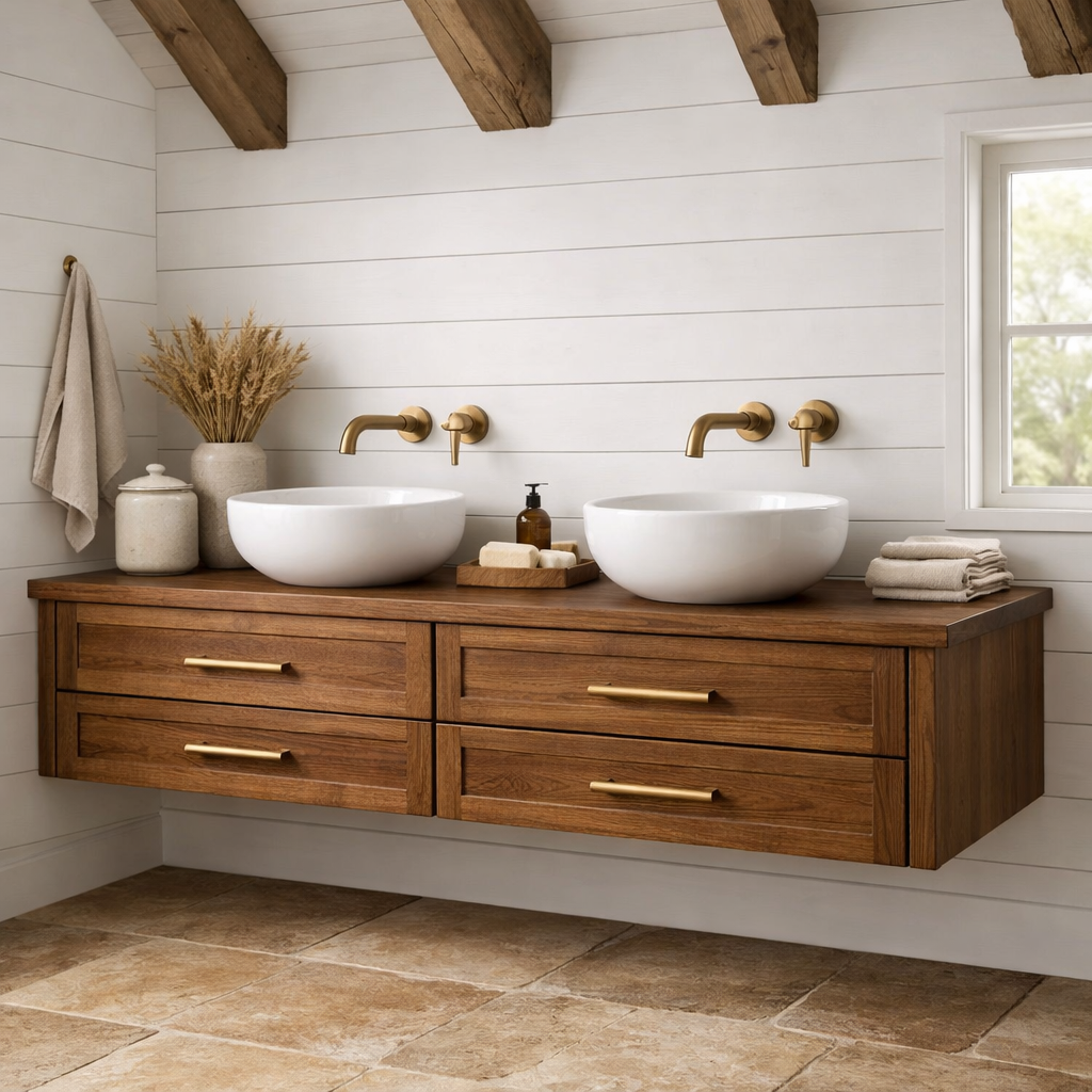 Handcrafted Solid Wood Floating Bathroom Vanity with Storage – Modern Wooden Design