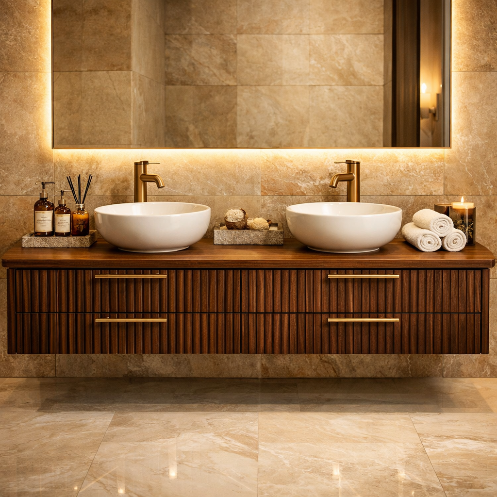 Floating Bathroom Vanity with Fluted Wood Front and Four Drawer Storage Design