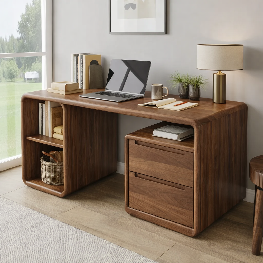 Modern Solid Wood Desk with Curved Edges and Integrated Storage Drawers