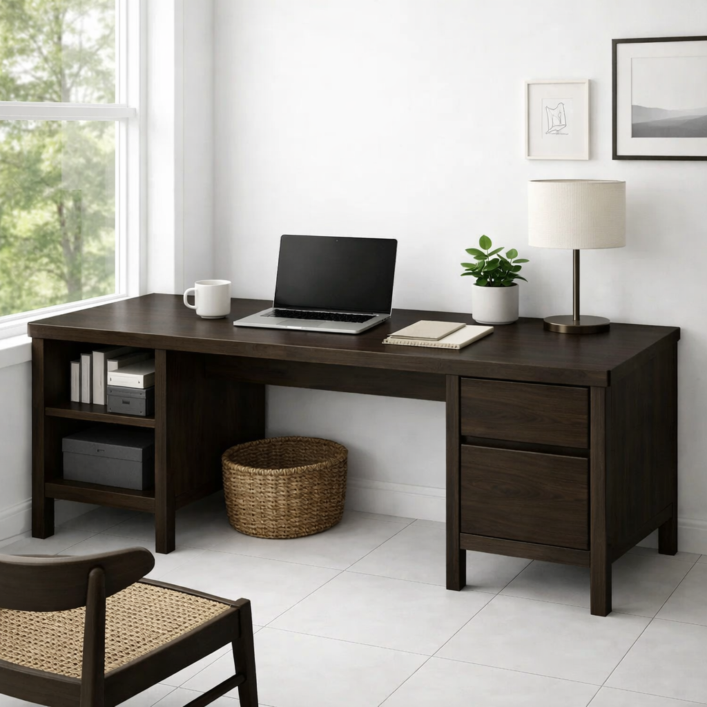 Solid Wood Executive Desk with Integrated Storage Drawers and Open Shelving