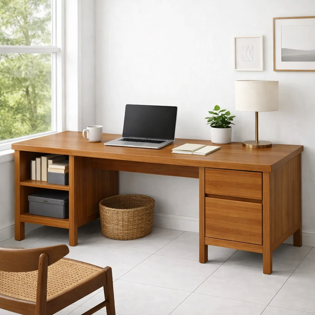 Solid Wood Executive Desk with Integrated Storage Drawers and Open Shelving
