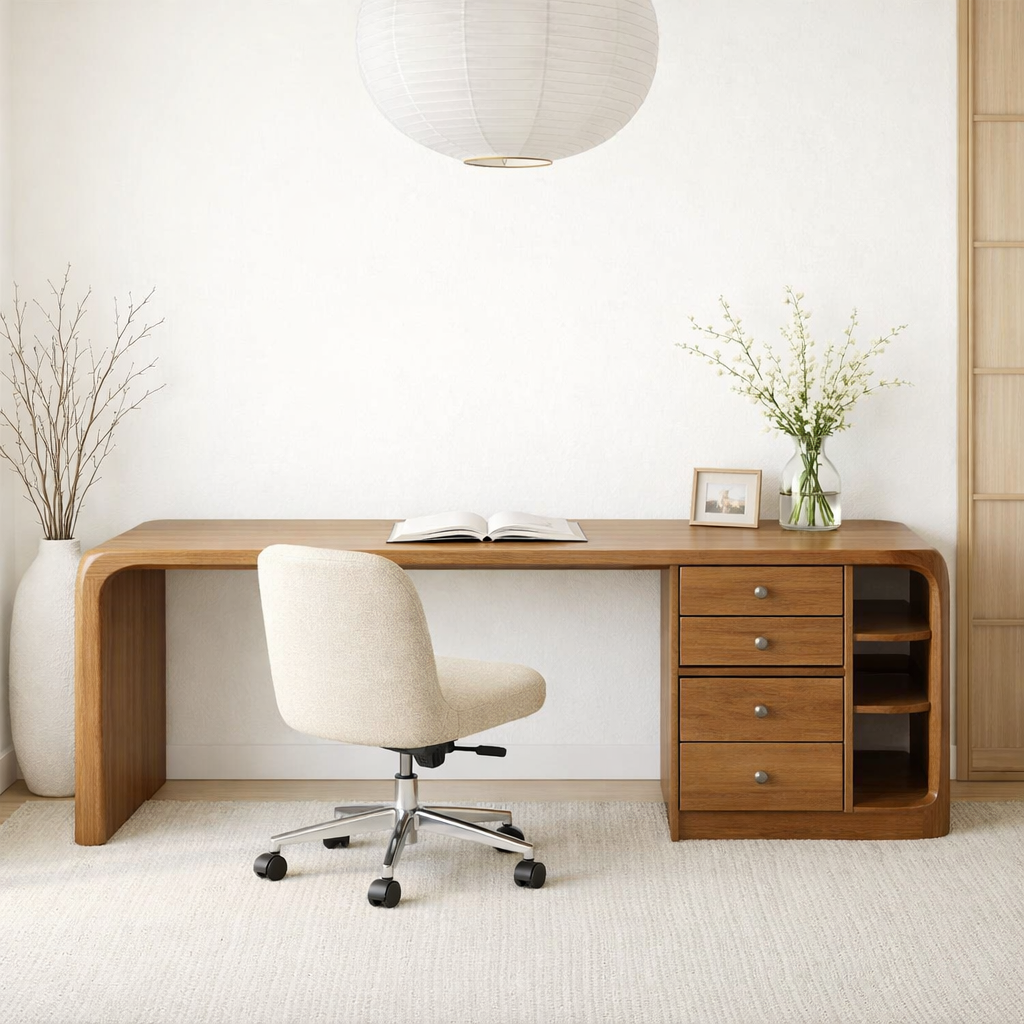 Solid Wood Waterfall Desk with Integrated Storage Drawers and Open Shelf