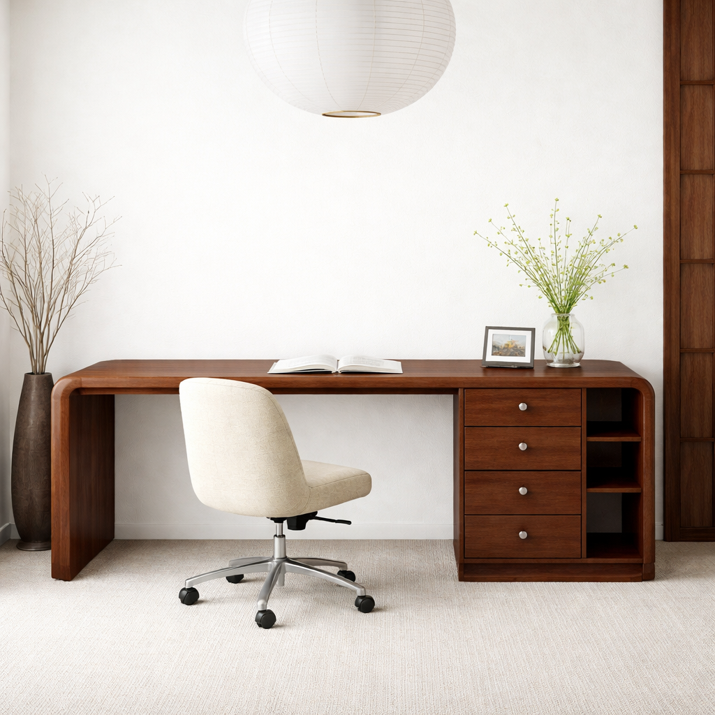 Solid Wood Waterfall Desk with Integrated Storage Drawers and Open Shelf