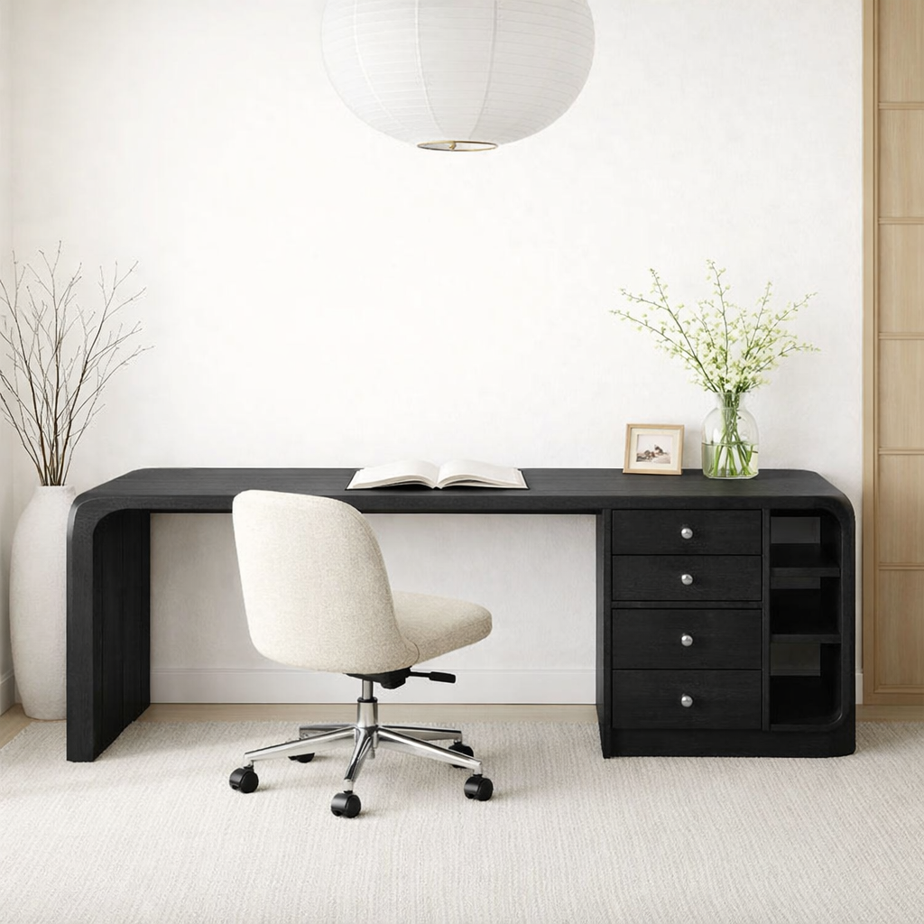 Solid Wood Waterfall Desk with Integrated Storage Drawers and Open Shelf