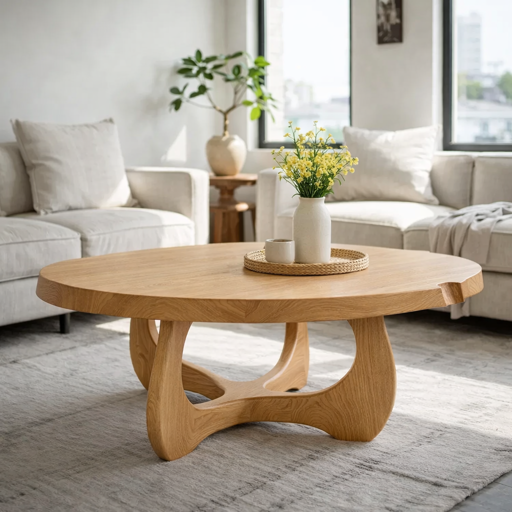 Modern Round Solid Wood Coffee Table with Sculptural Pedestal Base