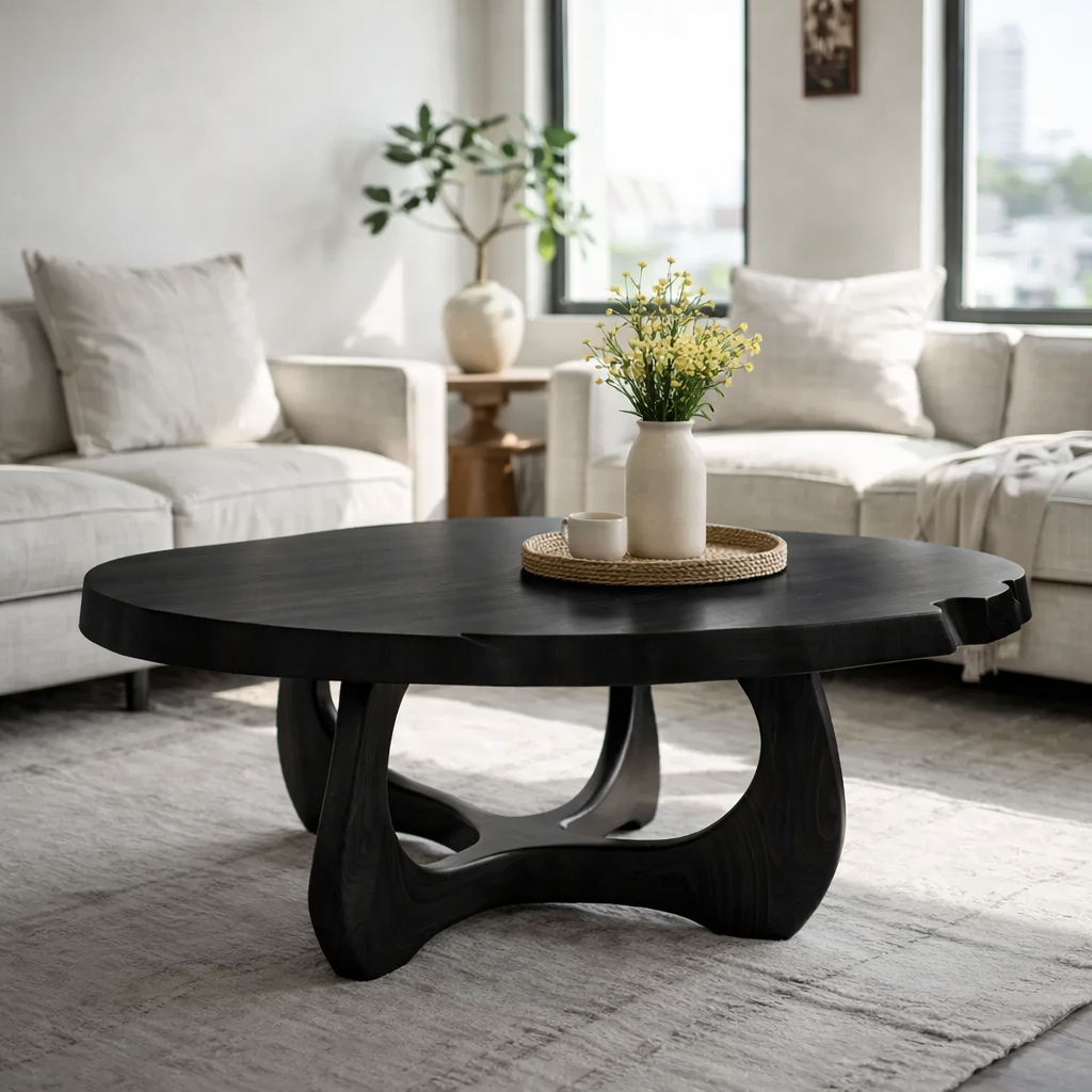 Modern Round Solid Wood Coffee Table with Sculptural Pedestal Base