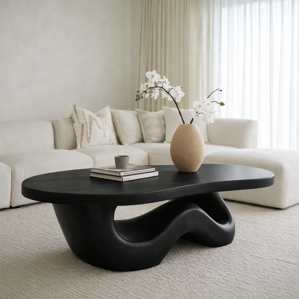 Solid Wood Coffee Table with Sculpted Organic Wave Base