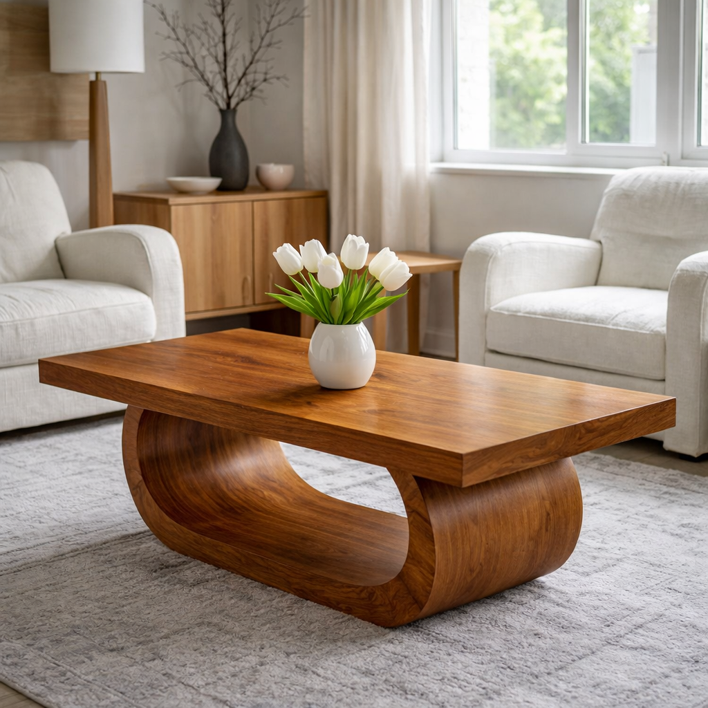 Solid Wood Coffee Table for Living Room with Curved Sculptural Base