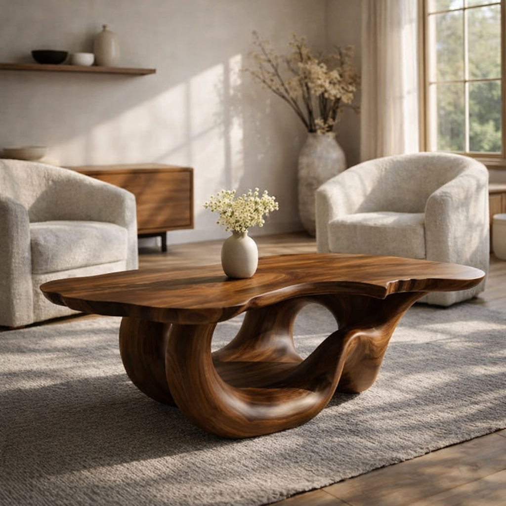 Solid Wood Live Edge Coffee Table for Modern Living Space with Sculptural Base