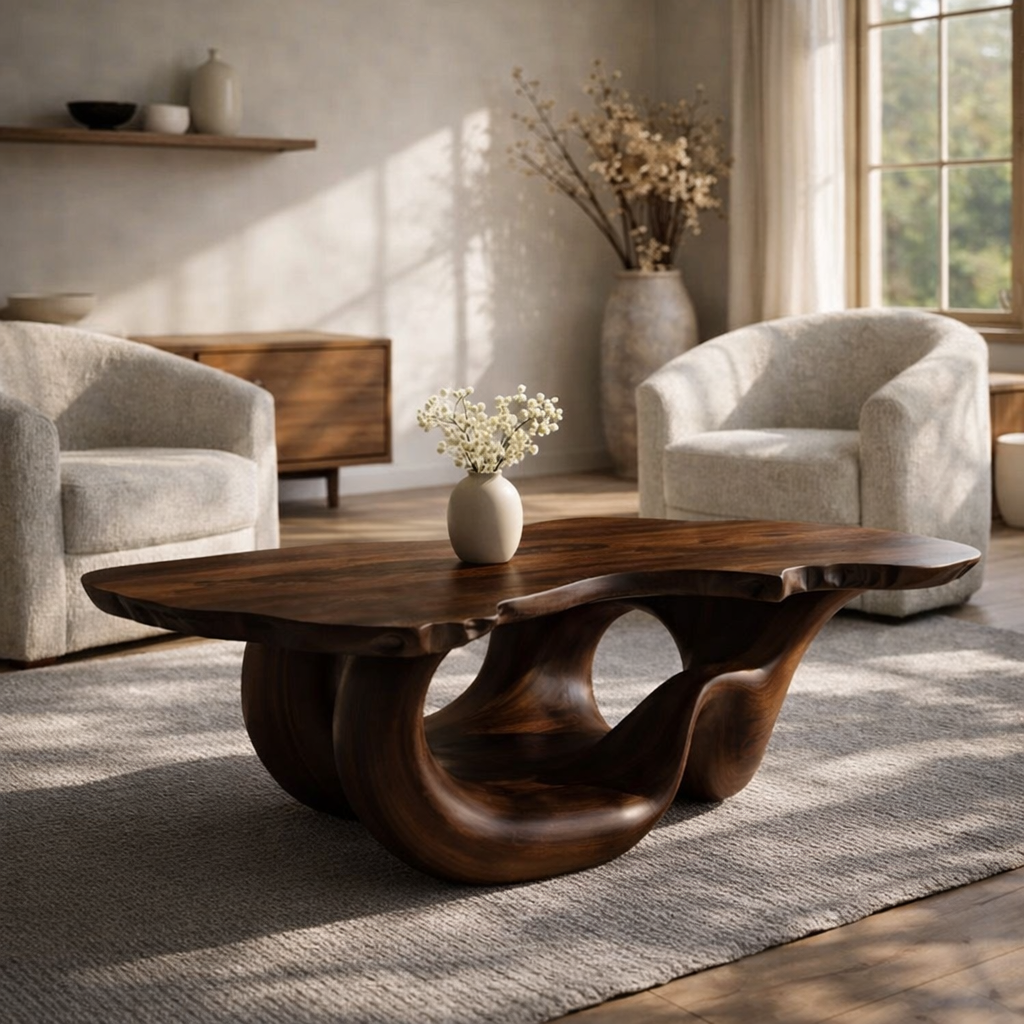 Solid Wood Live Edge Coffee Table for Modern Living Space with Sculptural Base
