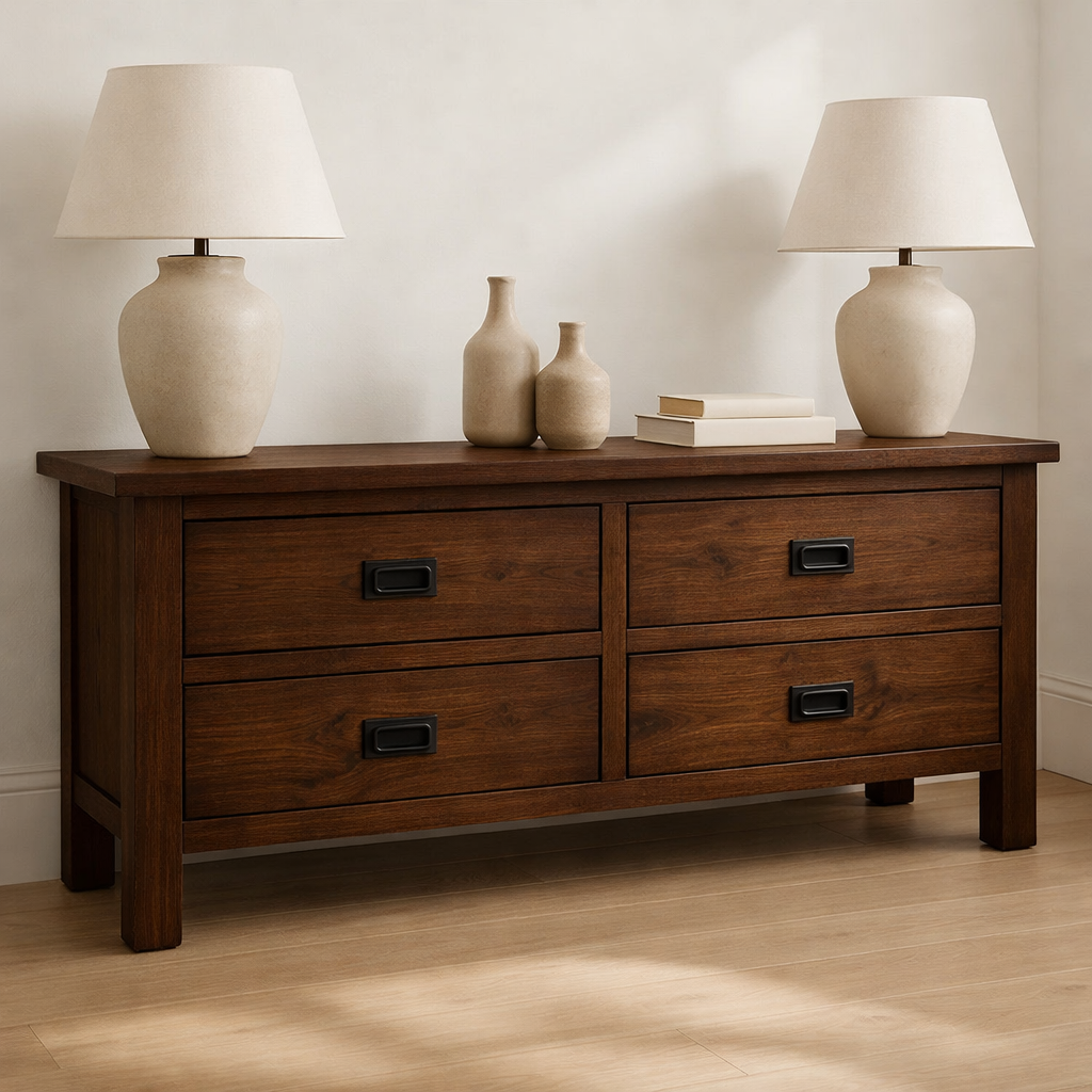 Solid Wood Console Table for Living Room with 4 Drawers and Simple Design