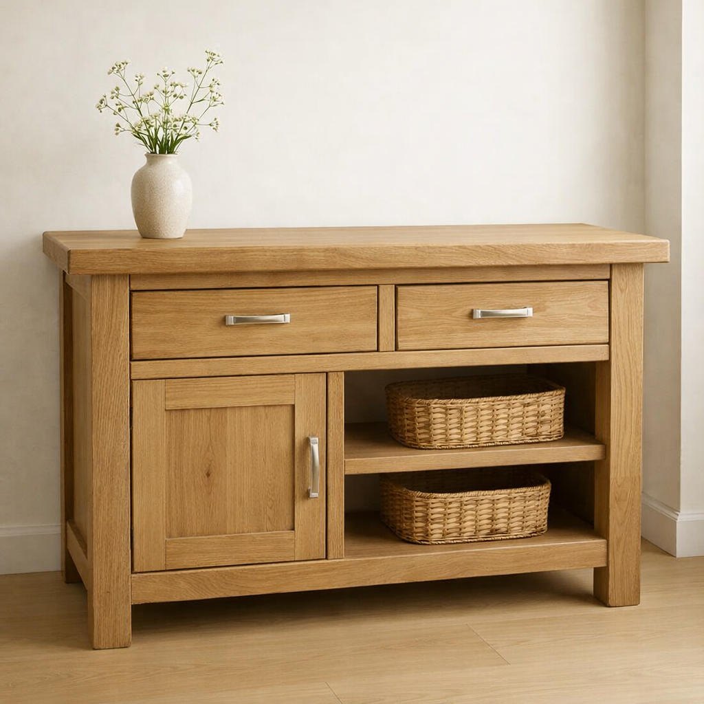 Solid Wood Console Table with 2 Drawers and Open Shelving for Storage