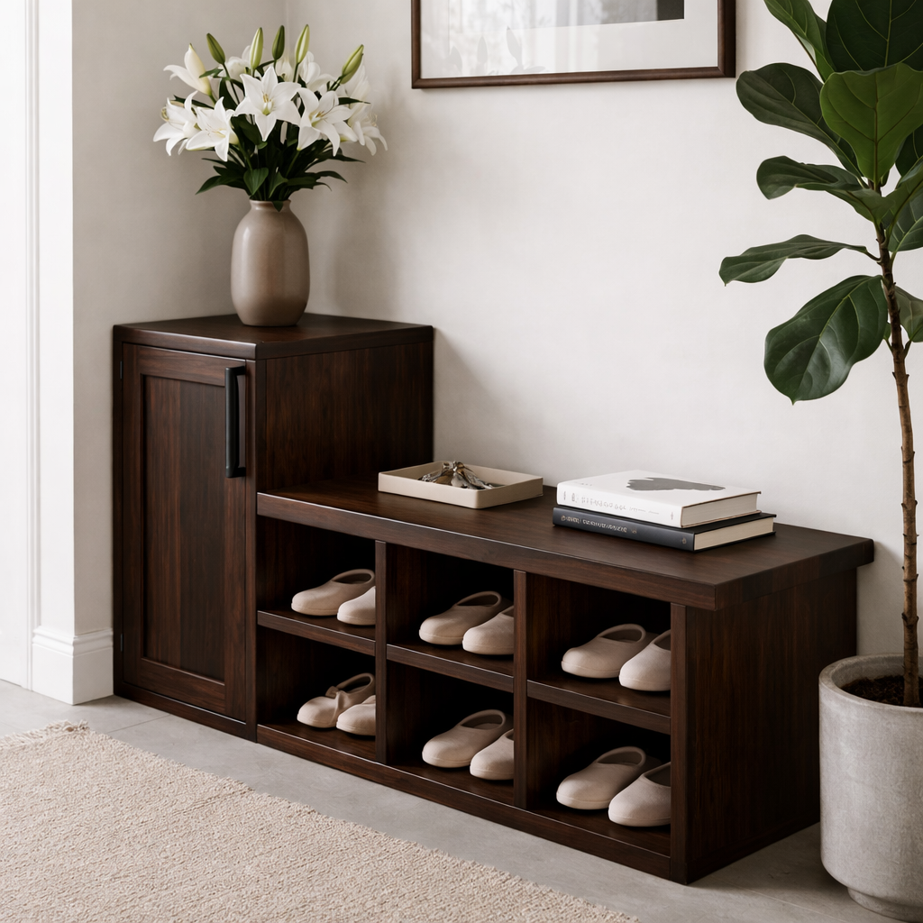 Solid Wood Shoe Storage Bench with Cabinet Door & Open Cubby Shelves – Entryway Shoe Organizer Bench