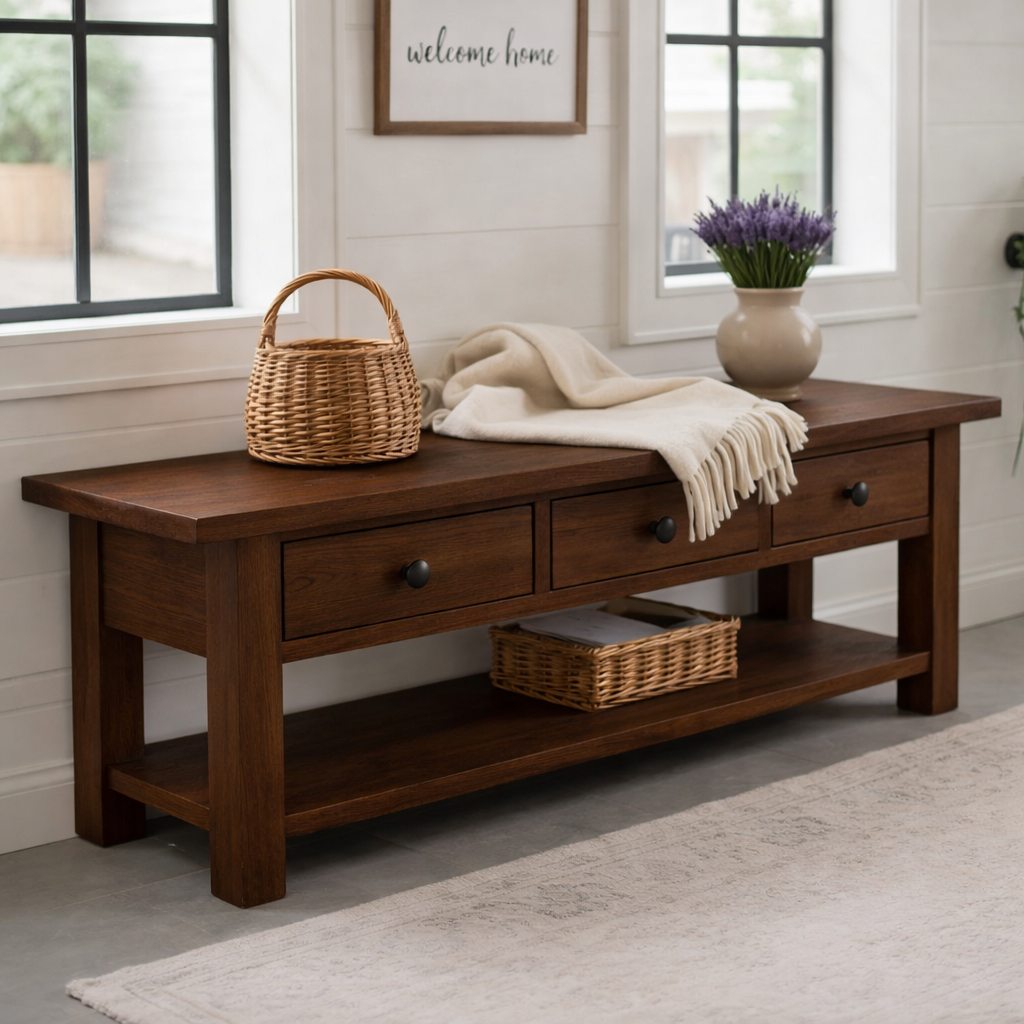 Solid Wood Entryway Bench with 3 Drawers & Lower Shelf – Farmhouse Shoe Storage Bench