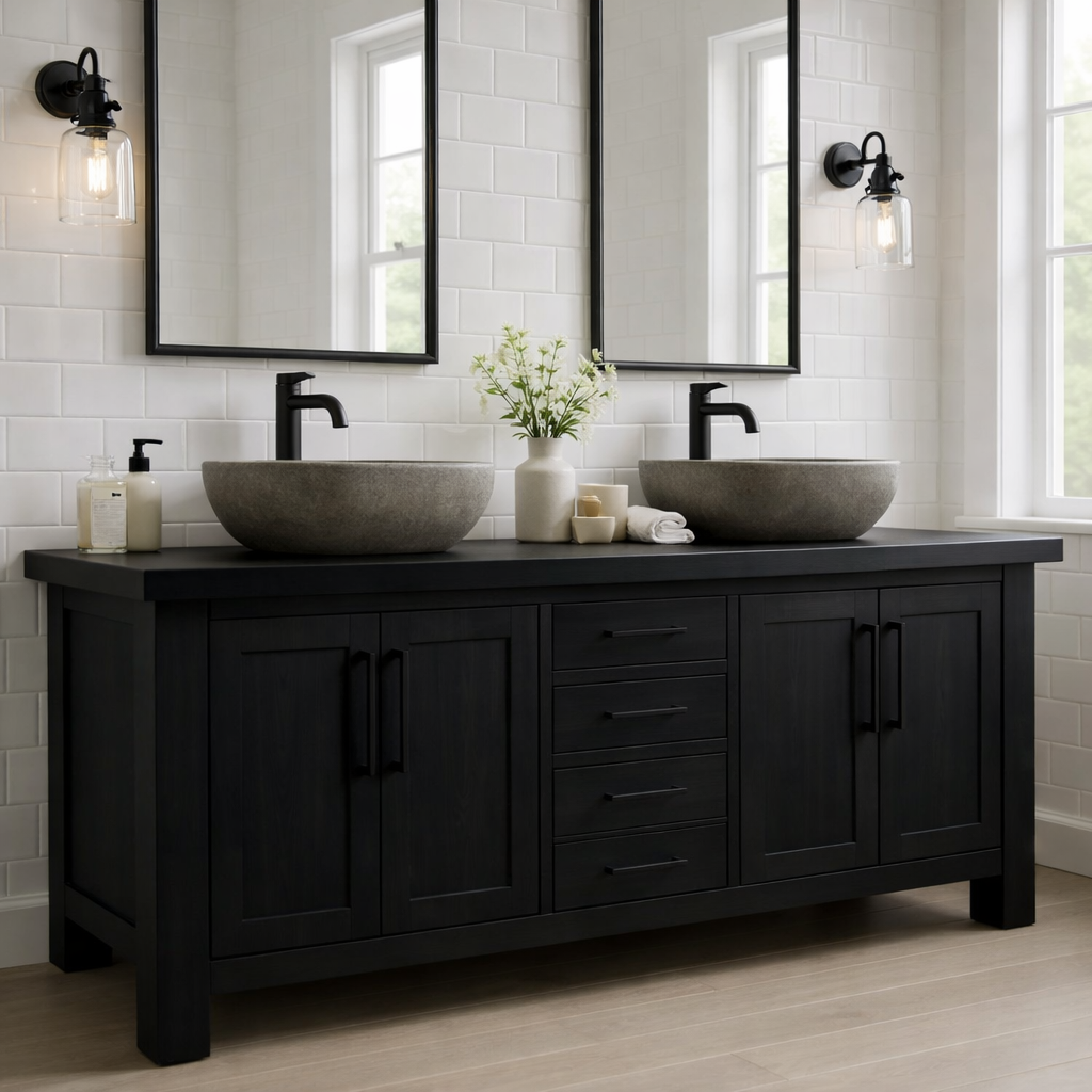 Solid Wood Double Bathroom Vanity Cabinet with Drawers & Doors – Rustic Farmhouse Vanity Base
