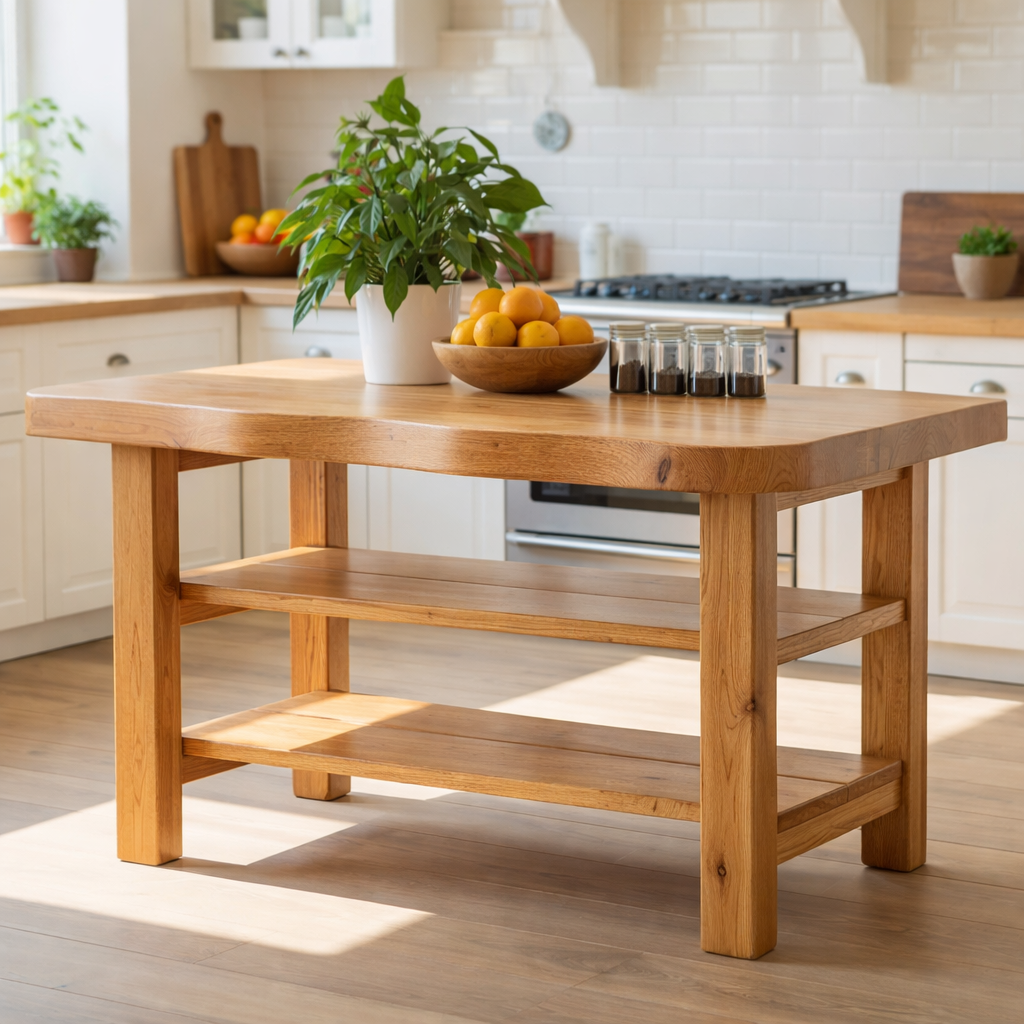 Solid Wood Kitchen Island Table with Double Storage Shelves – Farmhouse Prep & Storage Table
