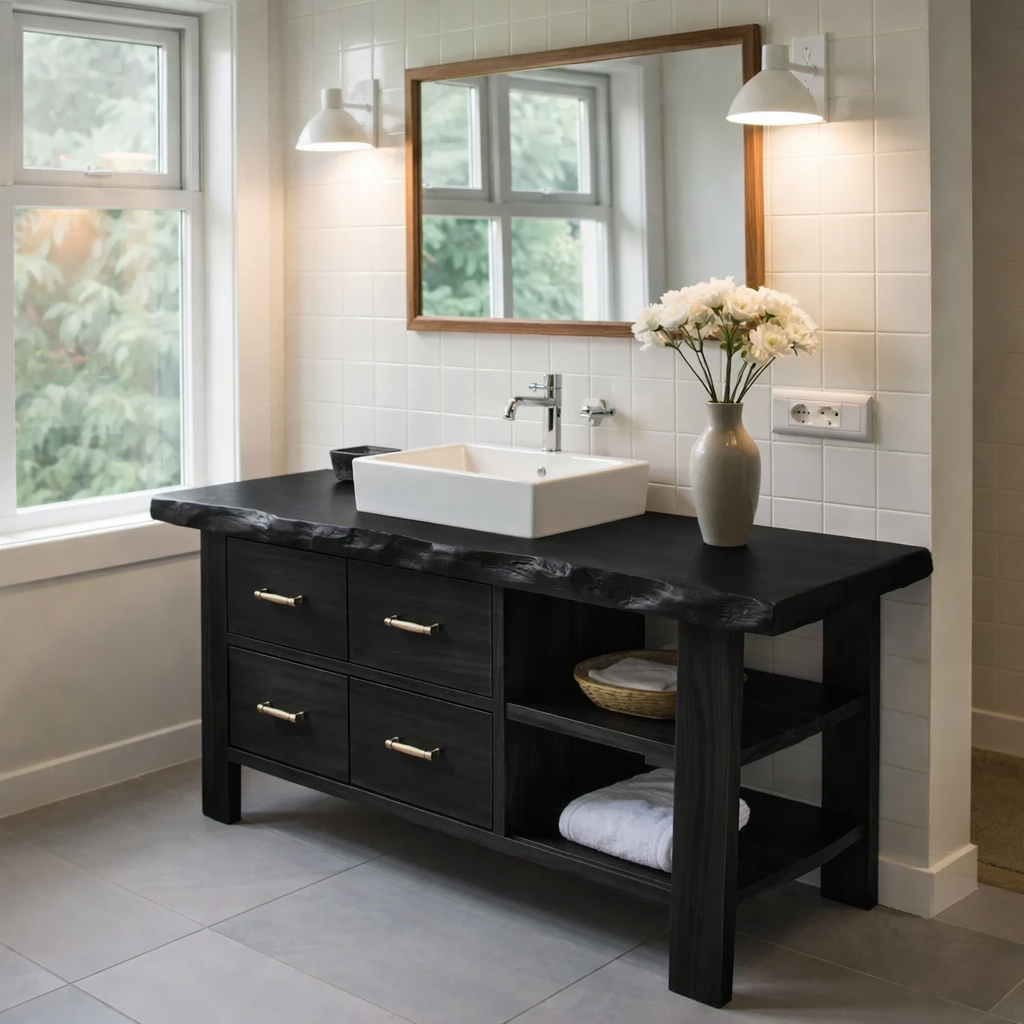 Solid Wood Rustic Bathroom Vanity with Drawers & Open Shelf – Live Edge Vanity Cabinet