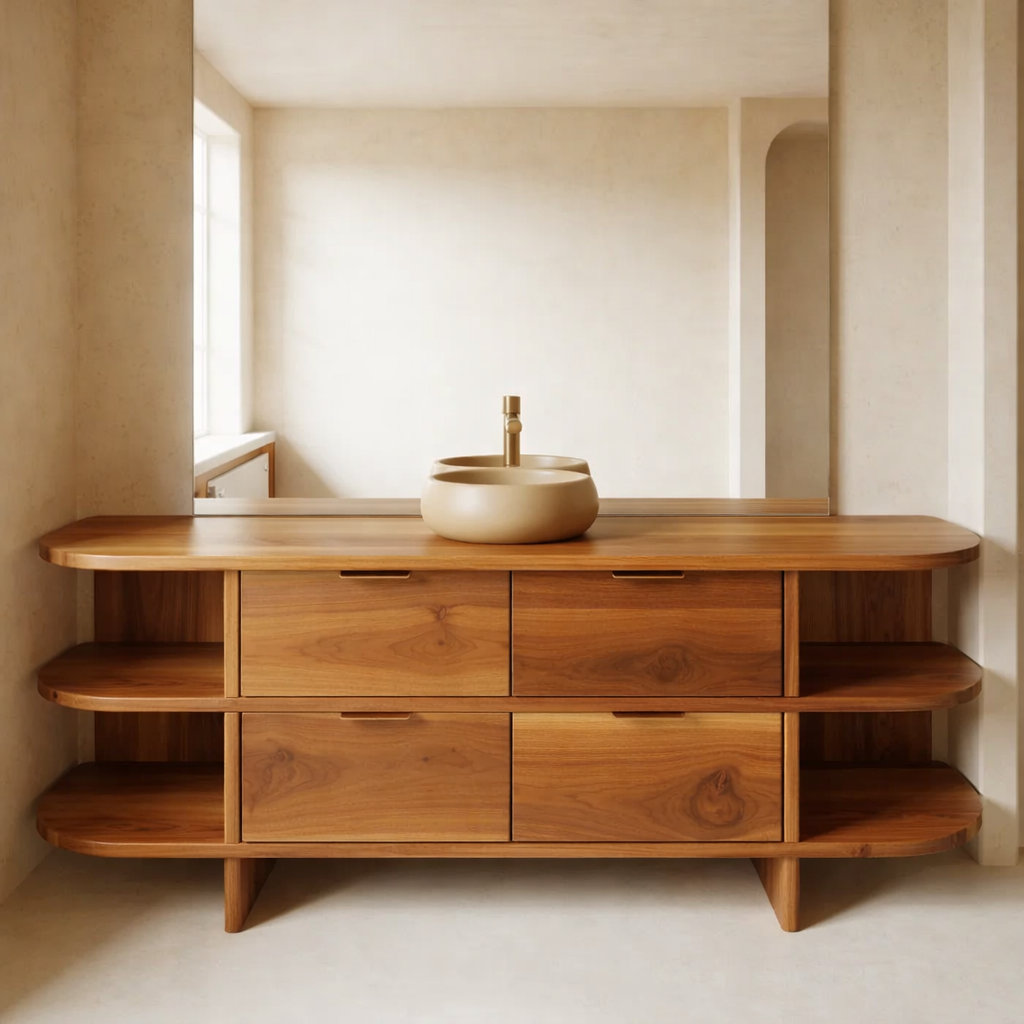 Solid Wood Bathroom Vanity with Drawers and Open Side Shelves – Modern Rustic Vanity Cabinet