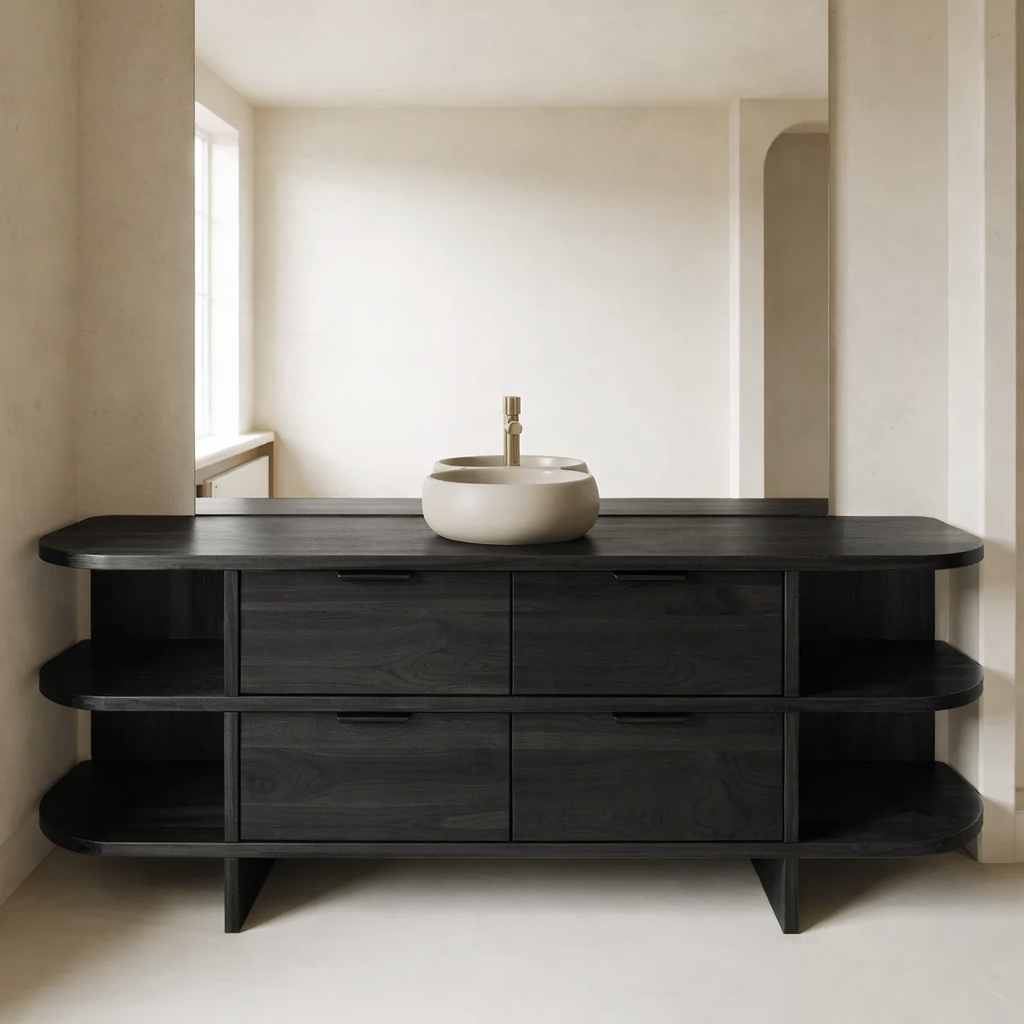 Solid Wood Bathroom Vanity with Drawers and Open Side Shelves – Modern Rustic Vanity Cabinet
