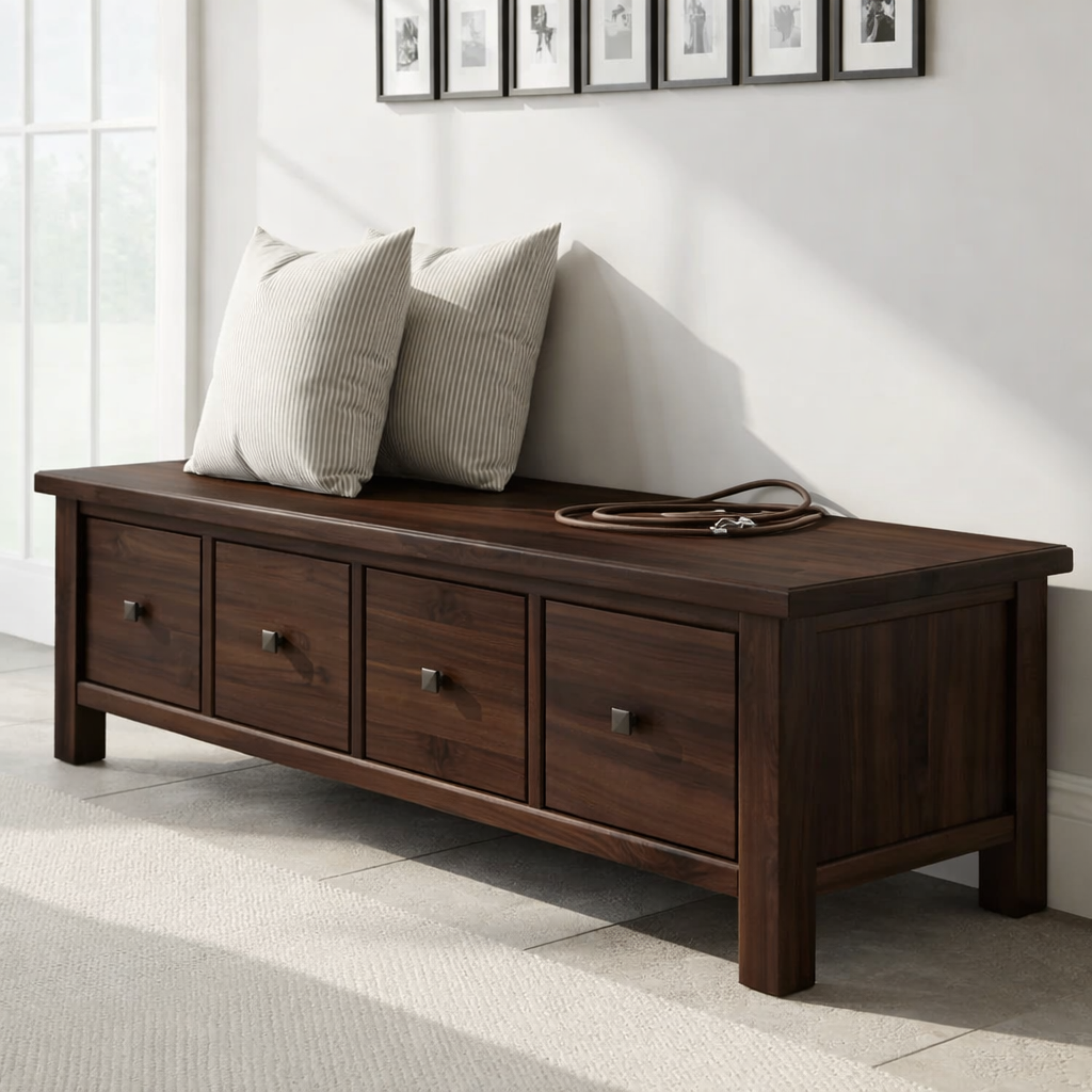 Solid Wood Storage Bench with Drawers – Rustic Entryway Shoe Storage Bench