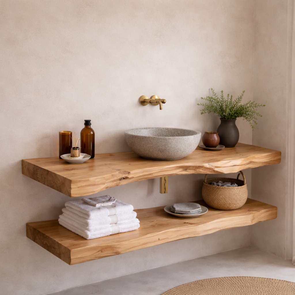 Floating Solid Wood Bathroom Vanity Shelf with Live Edge – Rustic Wall Mounted Vanit
