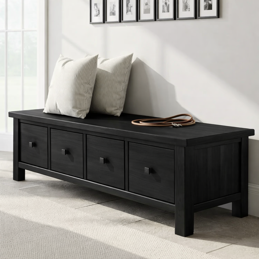 Solid Wood Storage Bench with Drawers – Rustic Entryway Shoe Storage Bench