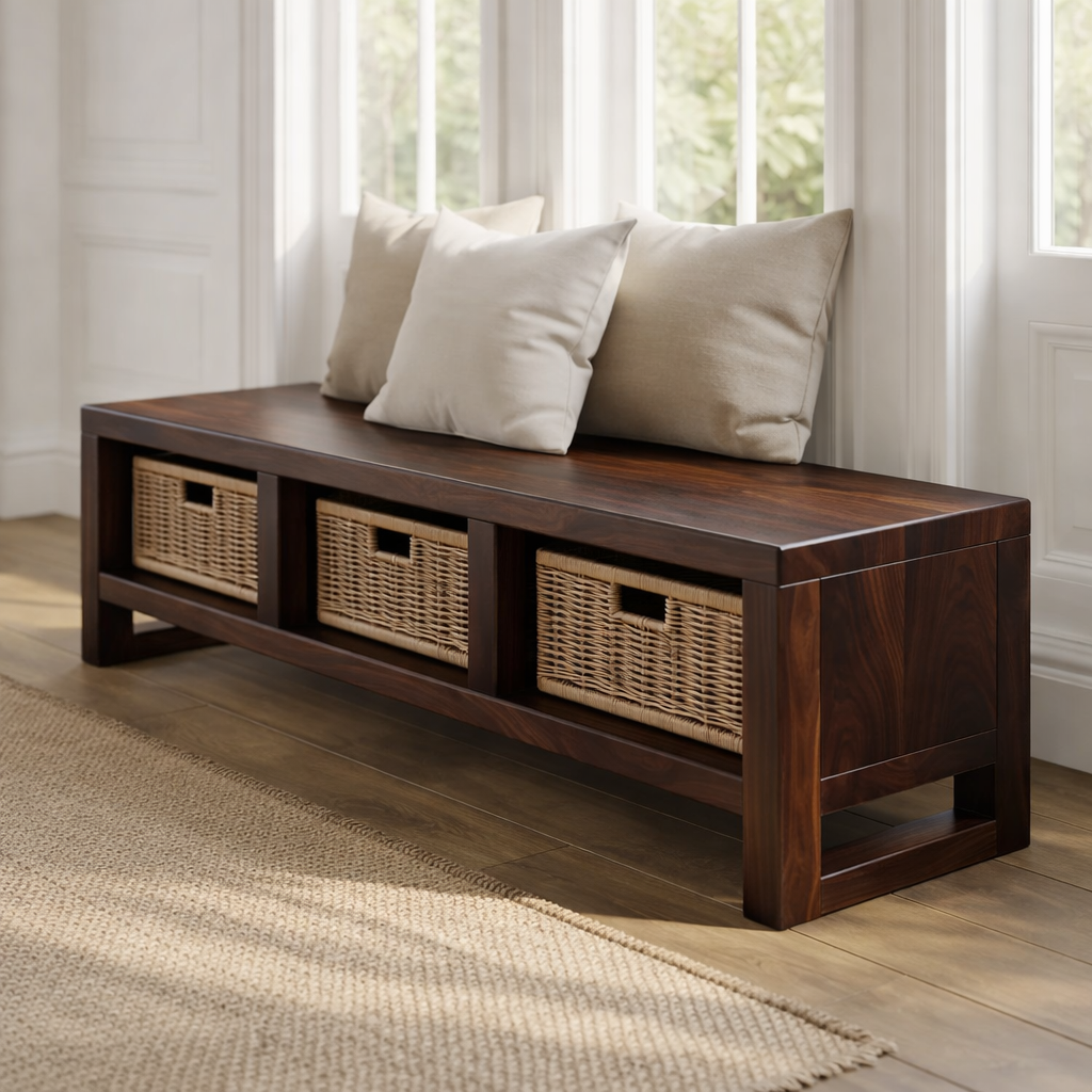 Solid Wood Entryway Bench with Open Storage – Rustic Shoe Storage Bench